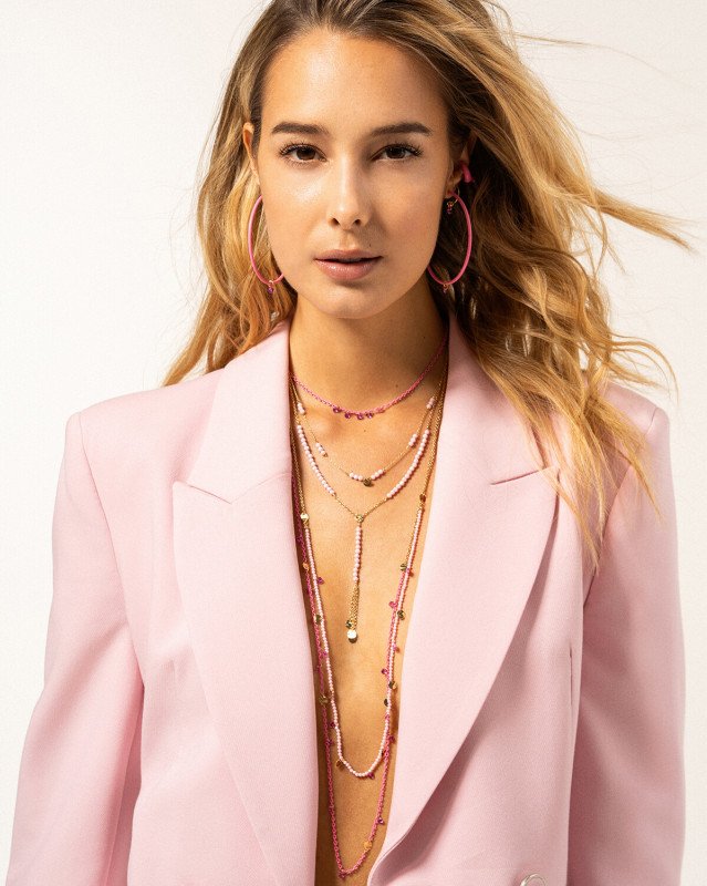 Collana Catena Verniciata, Zirconi E Medaglie 95cm Rosa - cl-031 m1 r au Collana Catena Verniciata, Zirconi E Medaglie 95cm Rosa - cl-031 m1 r au